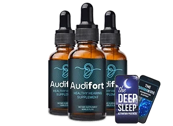 Three bottles of Audifort liquid supplement with two digital bonus guides