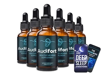 Six bottles of Audifort liquid supplement with two digital bonus guides