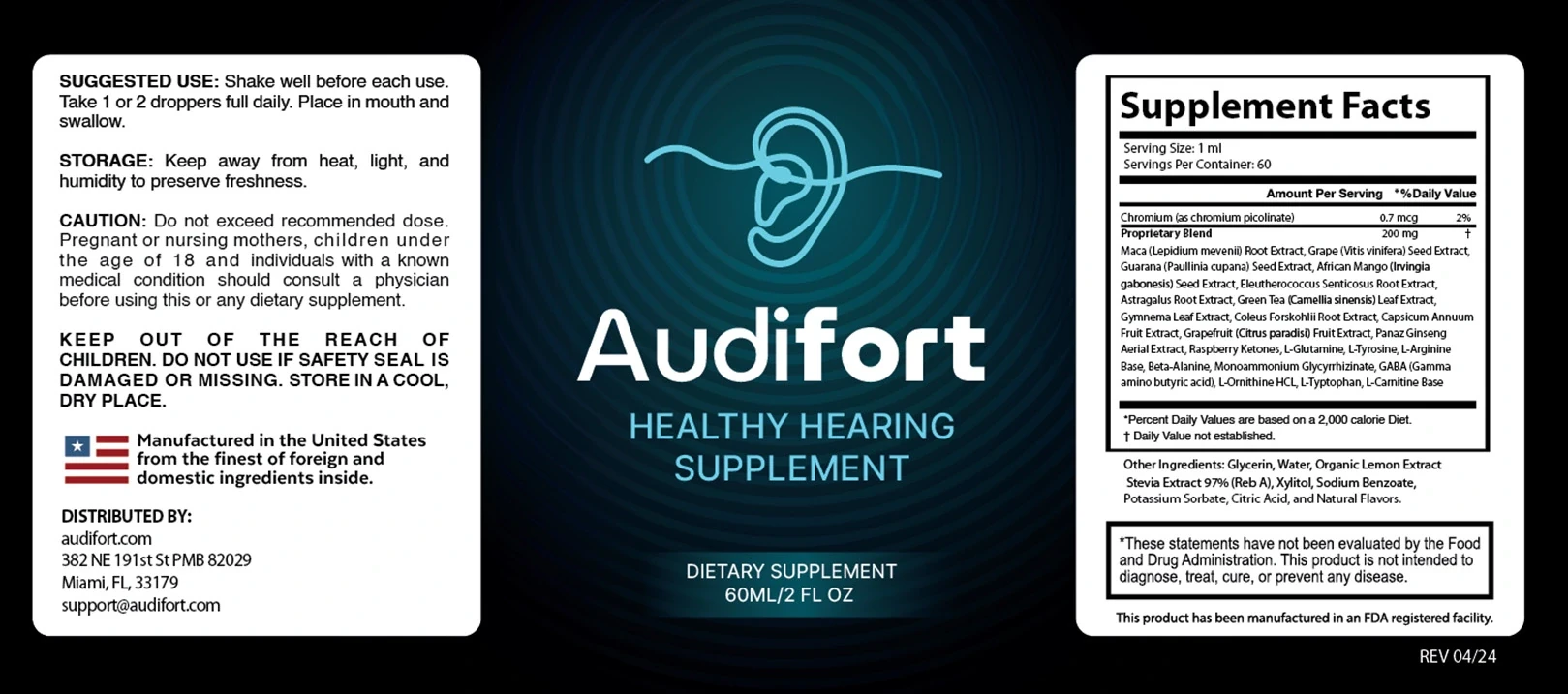 Audifort bottle label showing directions, the Supplement Facts panel with chromium and a 200 mg proprietary blend, other ingredients and distributor details